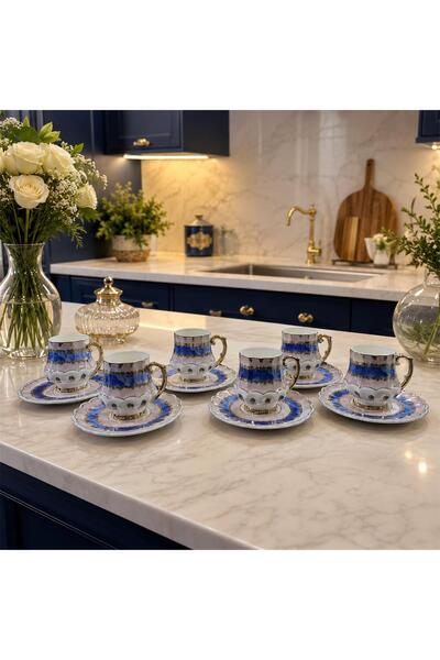 ACAR Julianne El Yapımı 6 Kişilik Kahve Fincan Takımı – Mavi Gold Detaylı Por...