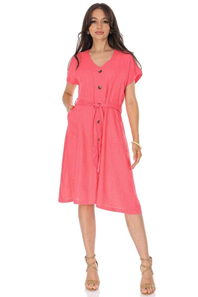 ROHBOUTIQUE ROH Linen Blend Midi Dress with Pockets Coral DR4756