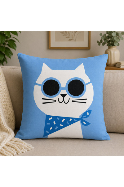 Piloji Cat Patterned Blue Throw Pillow 43X43 cm Modern Decorative – Colorful,...