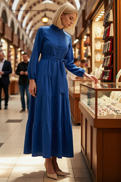 BENERLY Women's Maxi Dress High Neck Half Placket Belted A-Line Cut Long Slee...