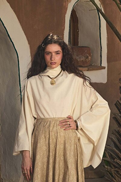 Ceylan Otantik Cream Organic Linen Cape Blouse