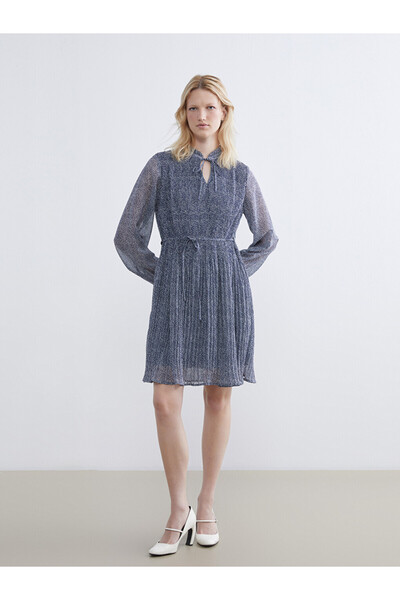 LC Waikiki Lcw Studio Blue Tie Collar Patterned Chiffon Mini Dress