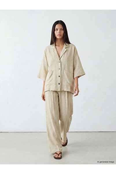 LC Waikiki Lcw Modest Beige Wide Leg Striped Women's 100% Linen Trousers