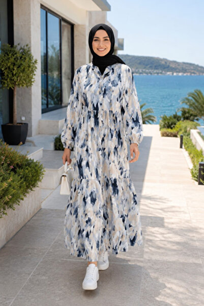 Hb Harma Time Butik Women's Comfortable Cut Patterned Modal Fabric White Dress