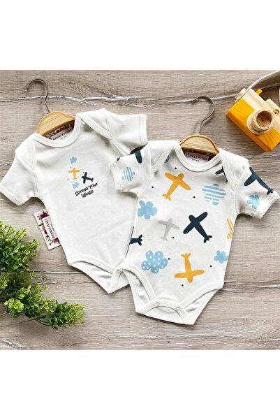 Renkli Puset 2-Piece Cotton Baby Short Sleeve Bodysuit Set Airplane