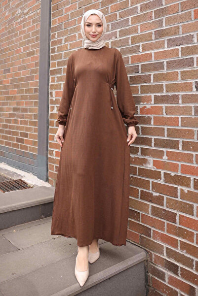İmajButik Light Brown Crew Neck Dress with Elastic Waist and Sleeves