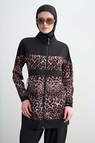 Moodbasic Leoparlı Pareolu Üçlü Tesettür Mayo - Siyah