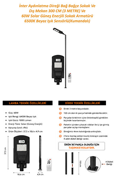 İnter Aydınlatma Direği Bağ Bağçe Sokak Ve Dış Mekan 300 CM (3 METRE) Ve 60W ...