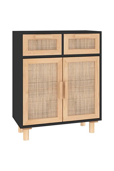 vidaxl Servantă, negru, 60x30x75 cm, lemn masiv pin și ratan