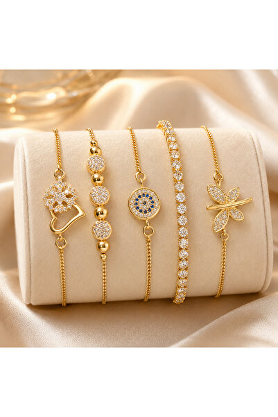 Merand Women's Gold Color 5-Piece Steel Bracelet Set with Zircon Stone, Evil ...