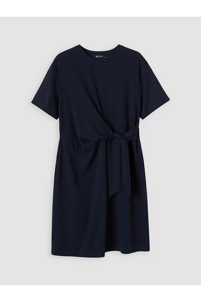 LC Waikiki Navy Blue Crew Neck Tie-Dye Drawstring Dress