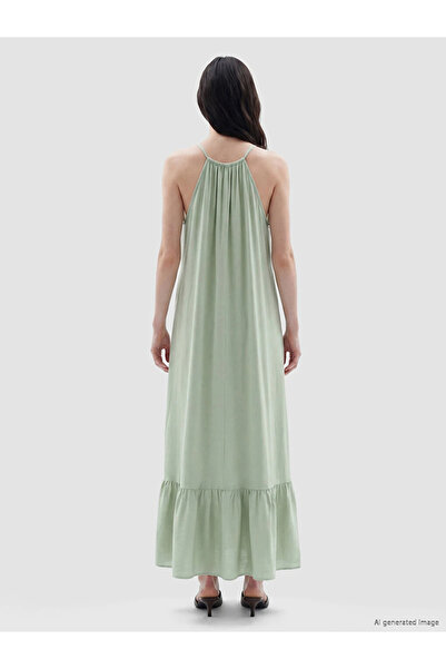 LC Waikiki Green Tie-Neck Beaded Detailed Dress