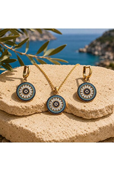 Shinestar atelier Gold Renk Mavi Taşlı Nazar Detaylı Kolye ve Küpe Kadın Takı...
