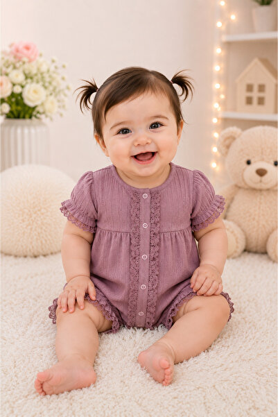 My Babies Label Baby Girl Lace and Trim Detailed 2-Piece Short Sleeve Jumpsuit