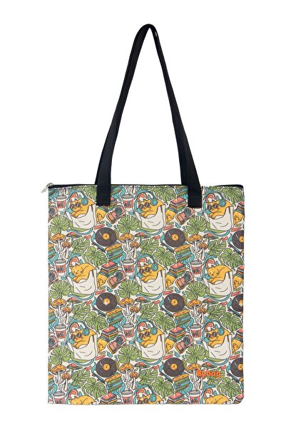 BYBAG Retro Kedi ve Kitap Temalı Kadın Omuz Çantası - Fermuarlı Büyük Boy Oxford Kumaş Bez Çanta 40x