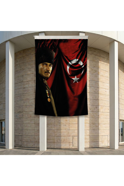 puntodizayn Türk Bayrağı Kalpaklı Atatürk Fotoğraflı Türkiye Bayrağı Poster B...