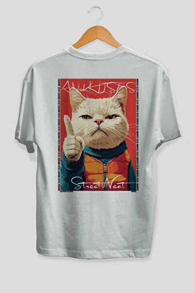 Ankhises 39 Cats for the Sake of Cats Printed White Oversize T-Shirt 100% Cot...