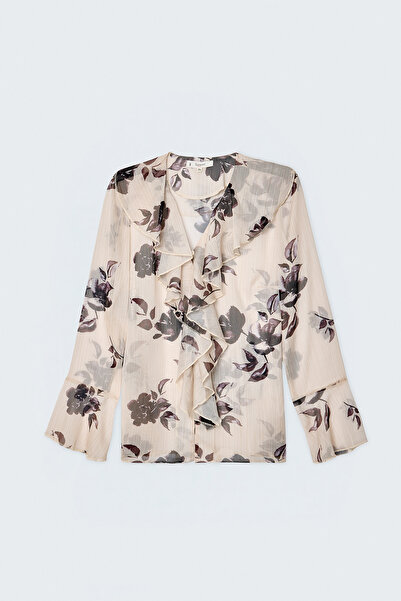 Sateen Ruffled Patterned Shirt - Beige