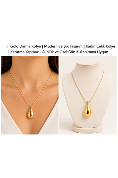 Çelik Gold Damla Kolye | Modern ve Şık Tasarım | Kadın Kolye | Kararma Yapmaz...
