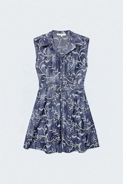 Sateen Denim Look Embroidered Mini Dress - Navy Blue