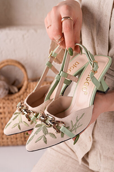 DİGGO Embroidered Women's Heeled Shoes with Accessories