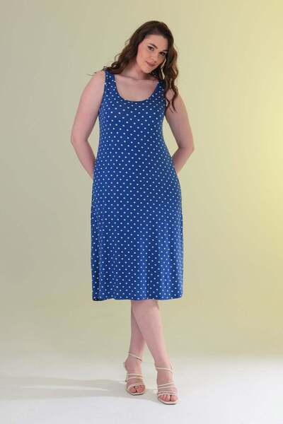 Madwilo Women's Navy Blue White Polka Dot Patterned Strappy Plus Size Dress