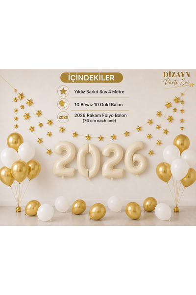 Dizayn Parti Evi 2026 Mezuniyet Süsleme Seti Gold Krem | 2026 Folyo Rakam Bal...