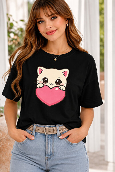 VODEXA Tricou oversize pentru femei, cu imprimeu inimă și pisică, 100% bumbac...