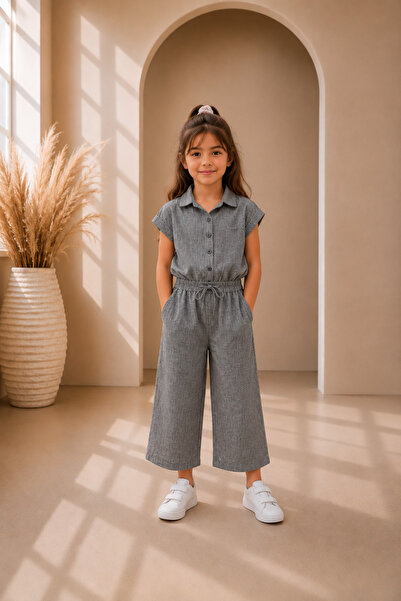 zepkids Girl's Anthracite Linen Set – Shirt and Wide-Legged Trousers Two-Piec...