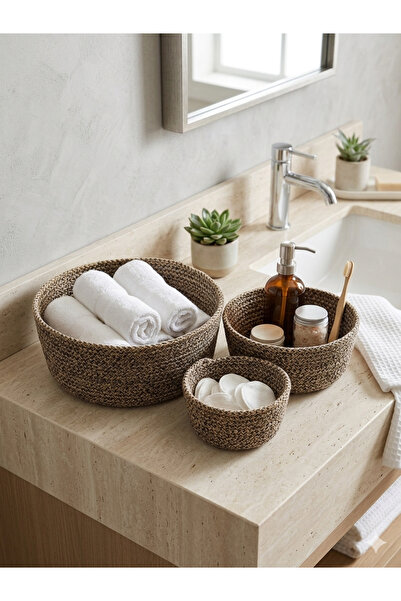 Olea Jüt Görünümlü Hasır Sepet Seti – 3'lü Düzenleyici Banyo, Mutfak ve Portm...