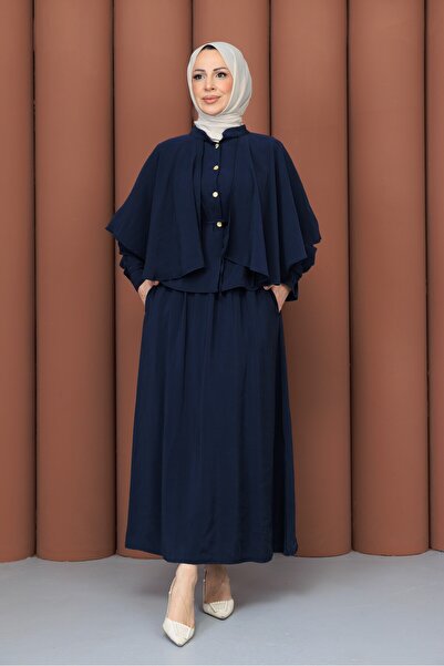 KMKkombin Women's Silk Cupra Suit with Sleeves, Buttons, and Cape Detail Skirt