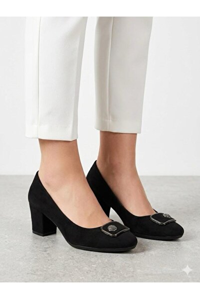 Lütfi Women's Black Suede Thick Heel Comfortable Fit Heeled Shoes
