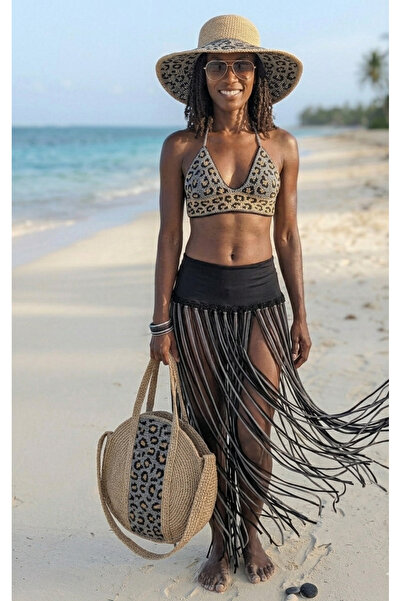 bi ters bi düz Gray Black Pareo Skirt with Long Tassels