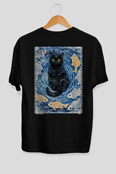 Ankhises For the Love of Cats 107 Cat Printed Black Oversize T-Shirt 100% Cot...