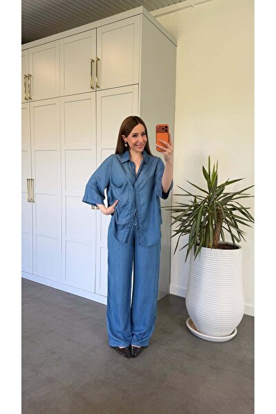 elif teke Comfortable Tencel Texture Shirt and Pants Set Blue