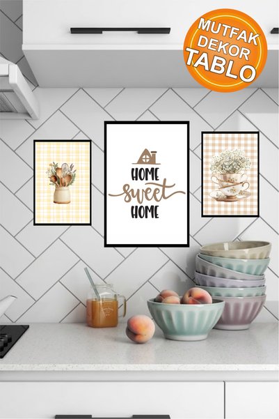 Hedef Plus Mutfak Dekor Tablo, Çerçeve Görünümlü MDF Tablo 3'lü Set