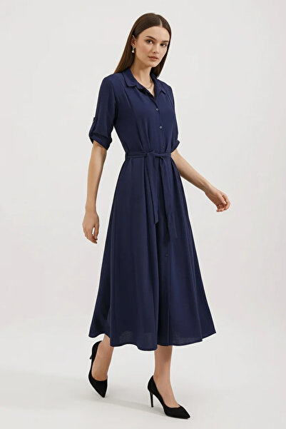 Efnaz style Women's Belted Navy Blue Shirt Dress
