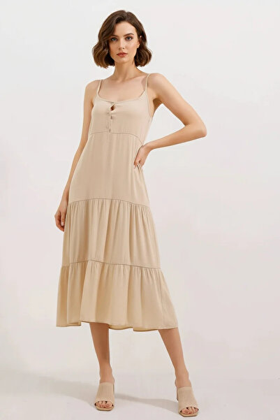 buğrahayalin Women's Strappy Standard Midi Length Ruffled Cream Dress