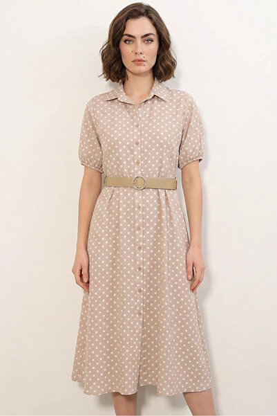 Efnaz style Women's Shirt Collar Belted Short Sleeve Polka Dot Beige Dress