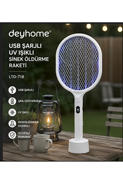 DEYHOME LTD-718 USB Şarjlı UV Işıklı Sinek Öldürme Raketi Şarj Göstergeli Ken...