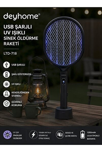 DEYHOME LTD-718 USB Şarjlı UV Işıklı Sinek Öldürme Raketi Şarj Göstergeli Ken...