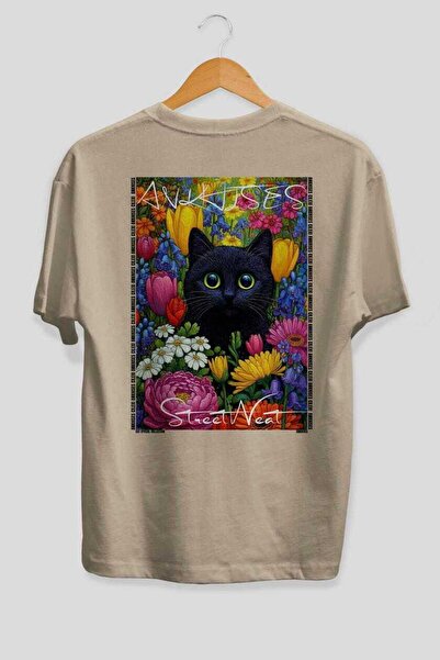 Ankhises For the Love of Cats 51 Cat Printed Beige Oversize T-Shirt 100% Cott...