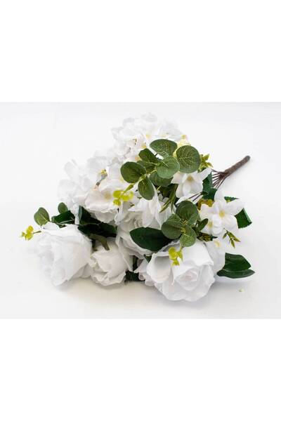 OEM Flori Artificiale Buchet 5 Trandafiri Cu 2hortensii, 3 Flori Alb