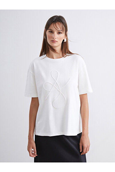 LC Waikiki White Embroidered Cotton Women's T-Shirt