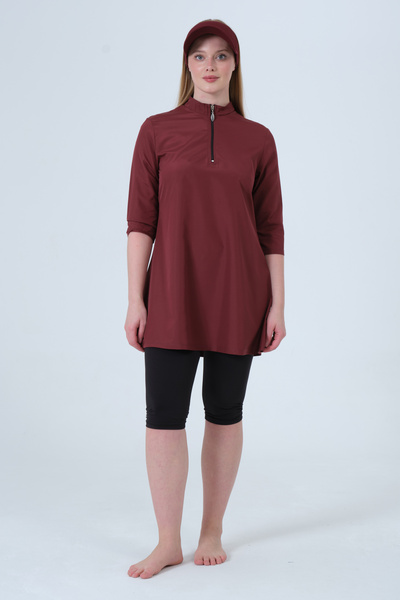 İKSUN Women's Short Sleeve Semi-Closed Hijab Swimsuit with Tights and Boneli ...