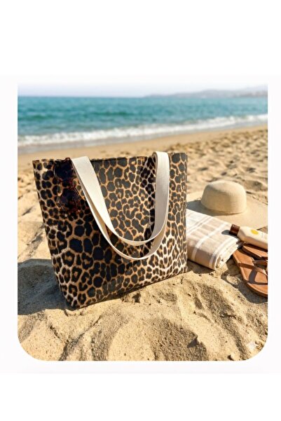 Glcn (HandMade) Leopar Desenli Büyük Boy Fermuarlı Plaj Çantası