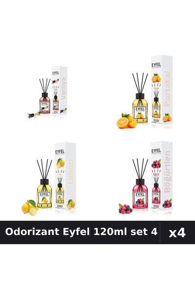 Eyfel Set 4 Odorizant Camera Betisoare 120ml - Vanilie, Portocală, Lămâie, Fr...