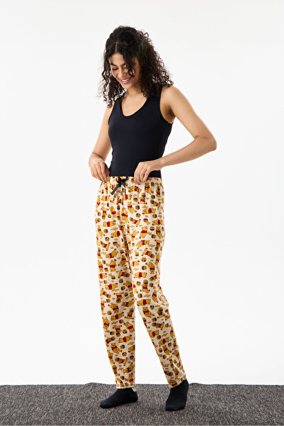 epixx giyim Beige Teddy Bear Patterned Women's Pajama Bottoms 100% Cotton