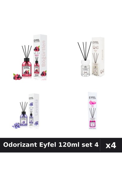 Eyfel Set 4 Odorizant Camera Betisoare 120ml - Lavanda, Bumbac, Fructe, Bubbl...
