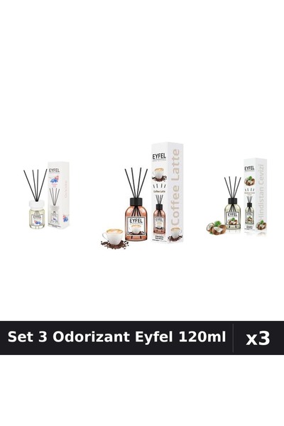 Eyfel Set 3 Odorizante Camera Betisoare, Cafea, Nuca De Cocos, Orhidee, 120 ml